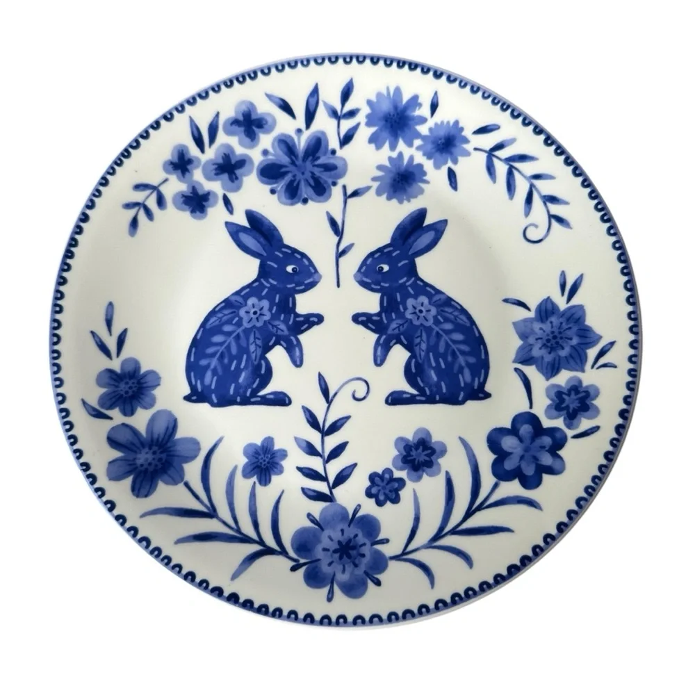 Blue White Bunny Rabbit Stoneware Plate by Pier 1 8” Spring Decor Set of 2 - Picture 3 of 7